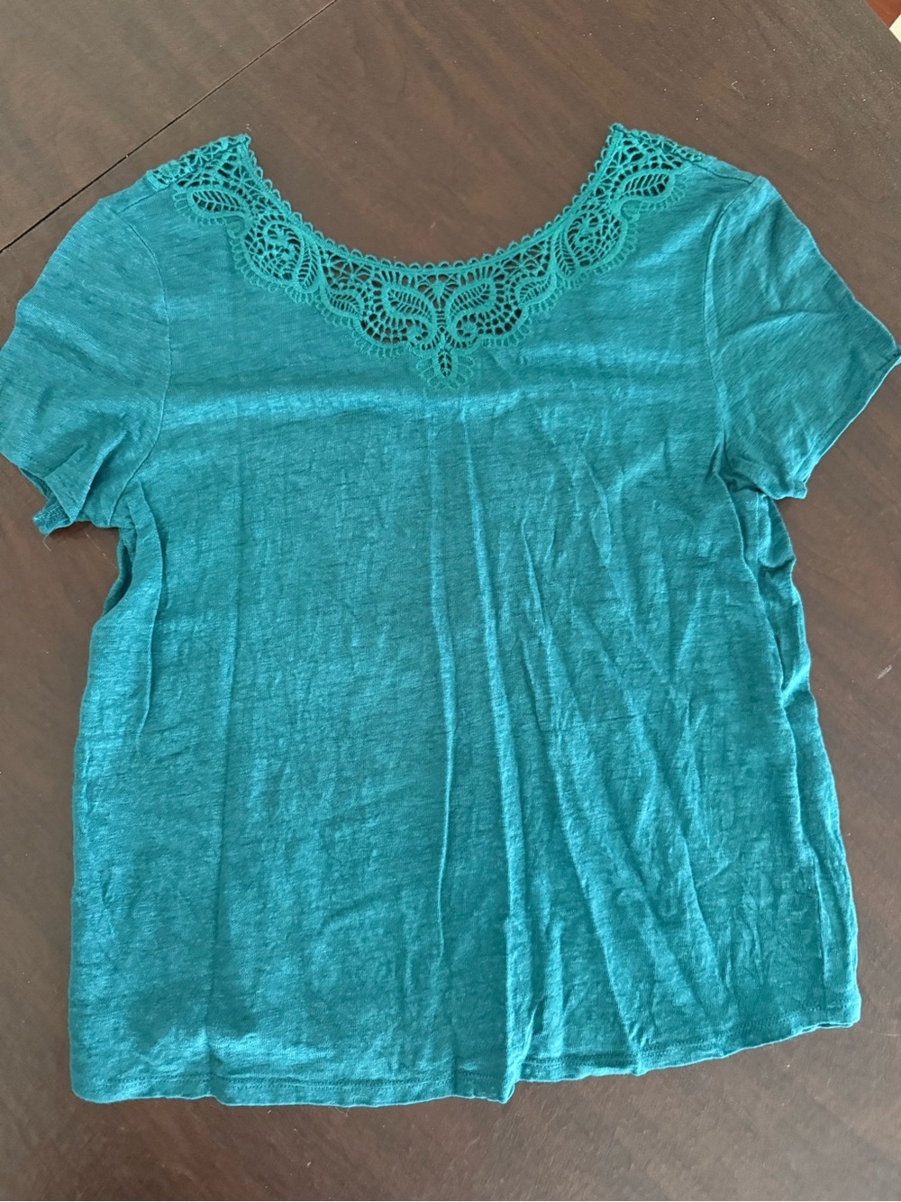 Sezane Mina Teal Crochet-Trim Short Sleeve Tee